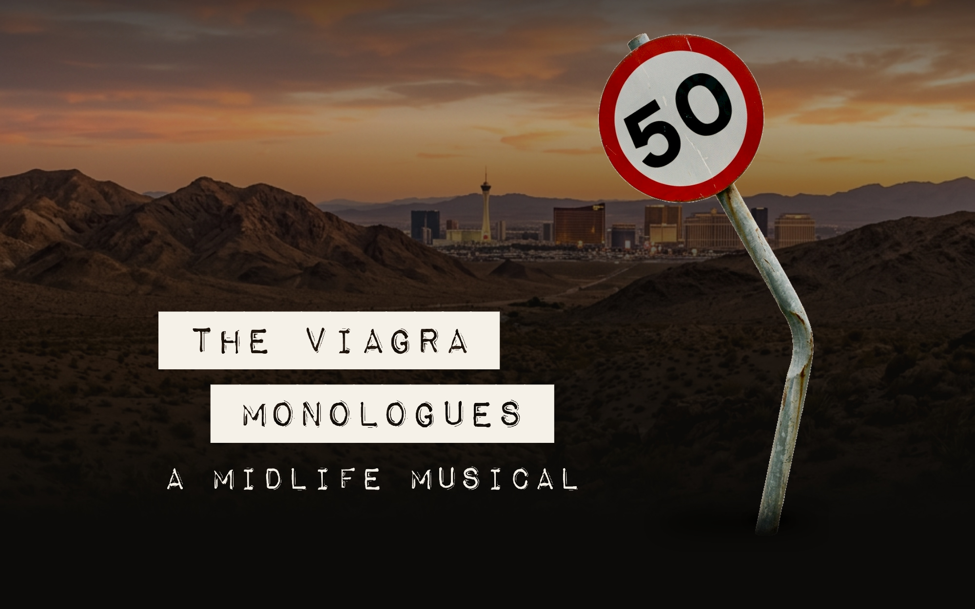 A bent 50 sign in the desert, the Las Vegas Strip on the horizon